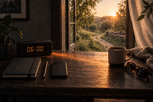 A dark desk beside an open doorway leading into warm daylight, representing balance between routine, rest and going with the flow.