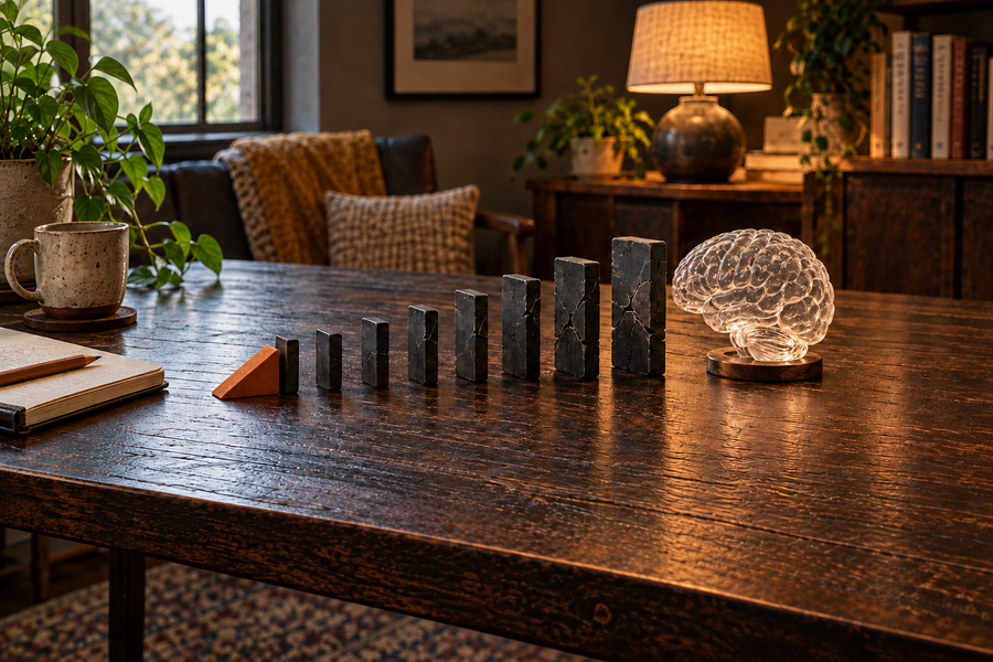 A table with a brain and dominoes explaining poor mental health prevention by Josh DG