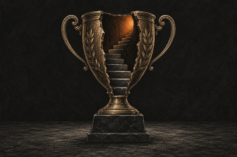 A dark etched trophy entwined with ropes, representing self-improvement becoming tied to status and approval.