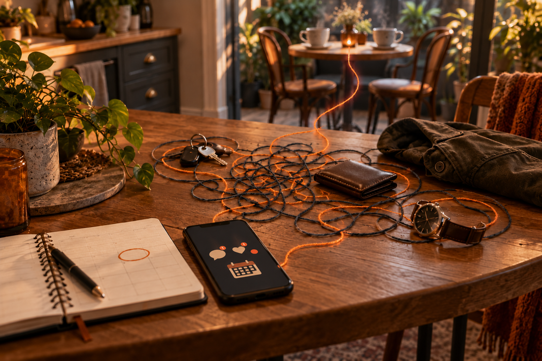 A table with tangled objects explaining how anxiety and ADHD can affect daily life by Josh DG