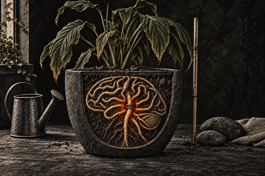 A dark etched backpack with an orange compass-like symbol, representing the different influences we carry into our mental health.