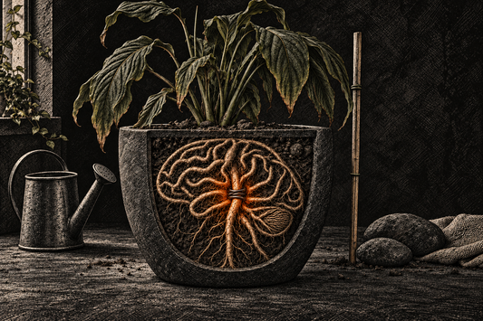 A dark etched backpack with an orange compass-like symbol, representing the different influences we carry into our mental health.