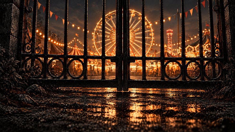 Closed fairground gate with light beyond, illustrating fear of missing out in a psychology article by Josh DG.