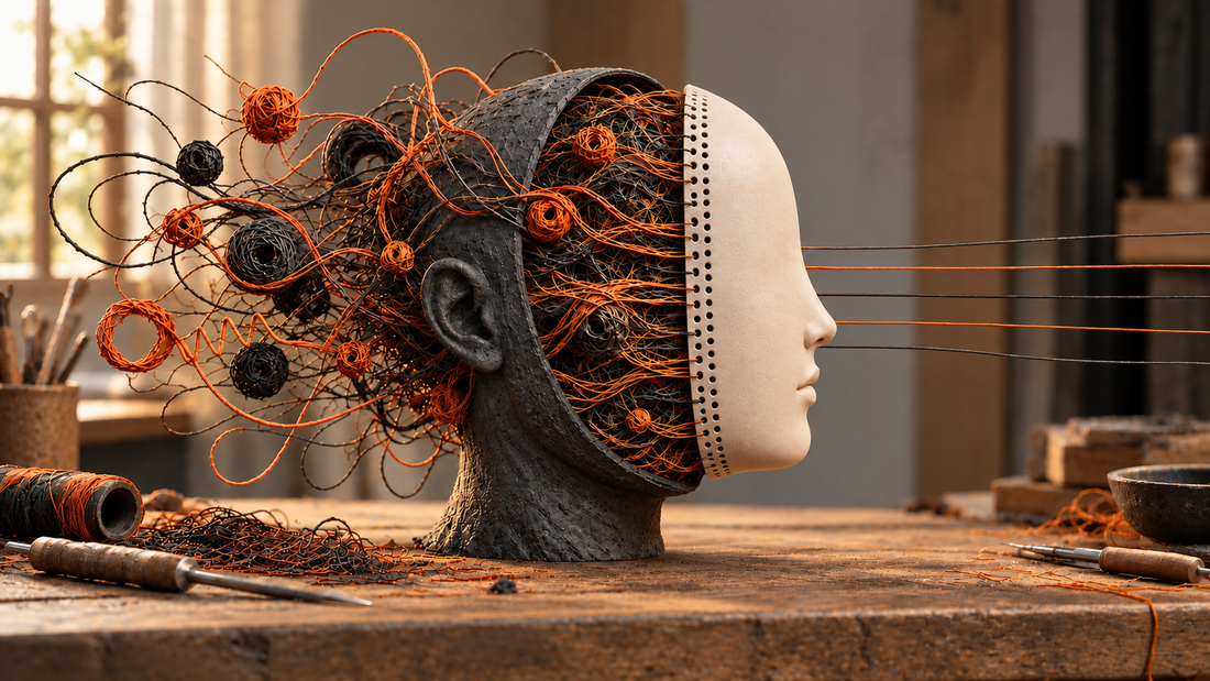 Sculpted head wearing a smooth mask while tangled orange and black wires remain visible behind it, illustrating mental health masking in an article by JoshDG.