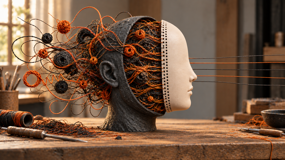 Sculpted head wearing a smooth mask while tangled orange and black wires remain visible behind it, illustrating mental health masking in an article by JoshDG.