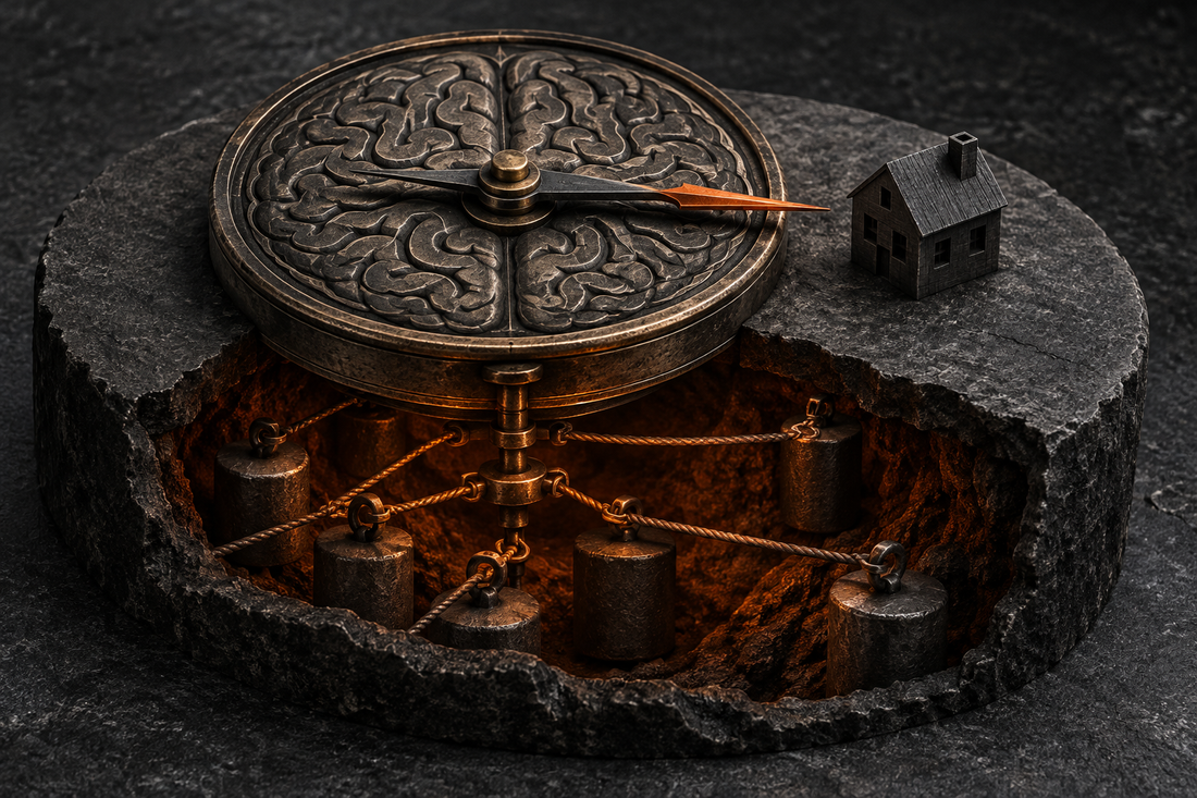 A dark etched compass-like disc above tangled orange lines, representing how where a feeling appears isn’t always what causes it.