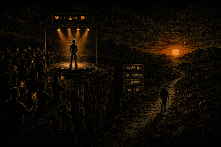 Conceptual illustration representing self-improvement becoming focused on appearance rather than genuine progress.